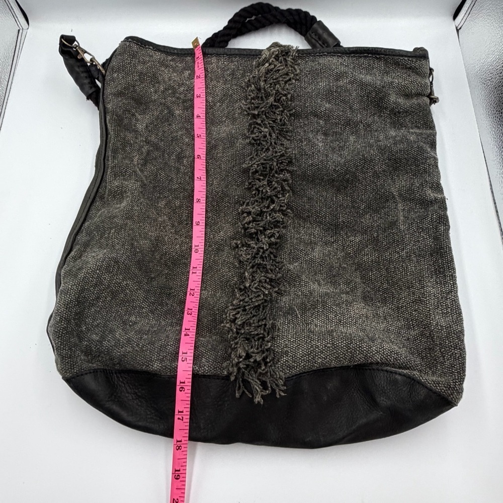 Free People Canvas Leather Grey Black Bohemian Fringed Slouchy Crossbody Bag - Picture 3 of 8